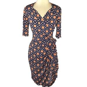 Maggy‎ London Dress Wrap Knee Length Blue Orange Knot Print Stretch 10 Preppy